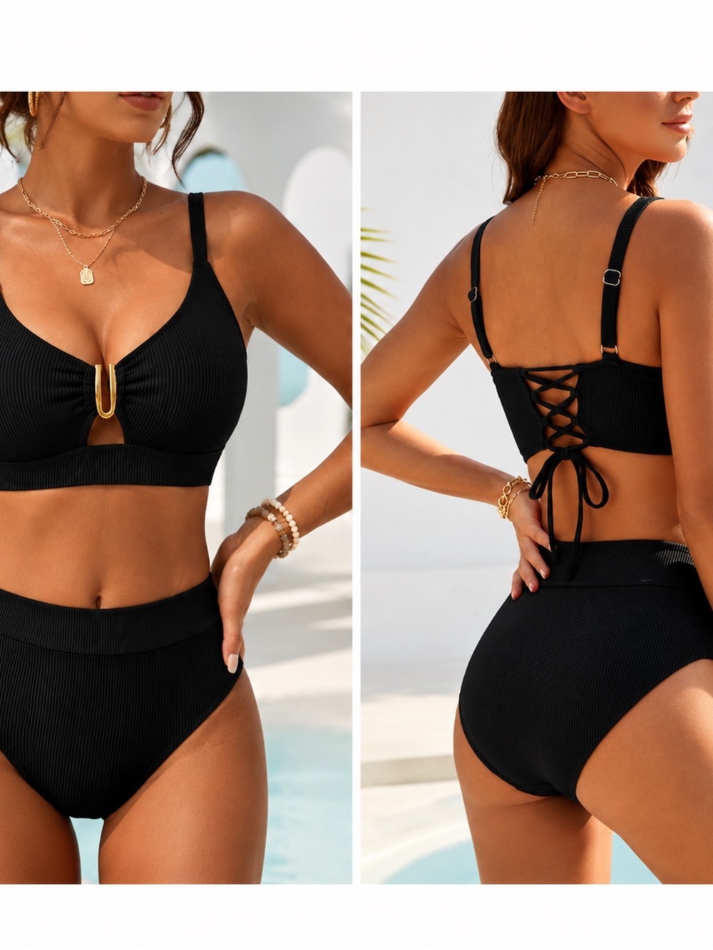 Black Ribbed Lace-Up High-Waist Bikini Set